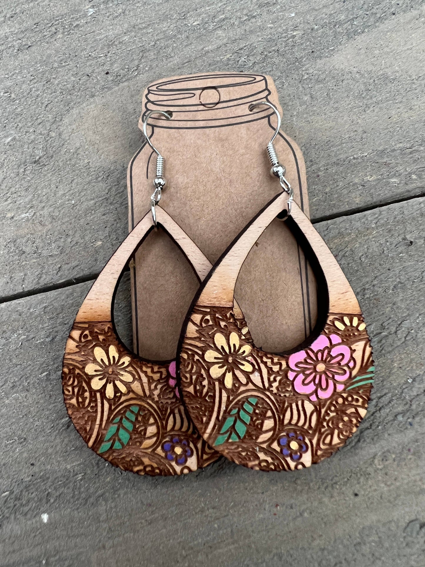 Floral Engraved Hand painted Wood Earrings