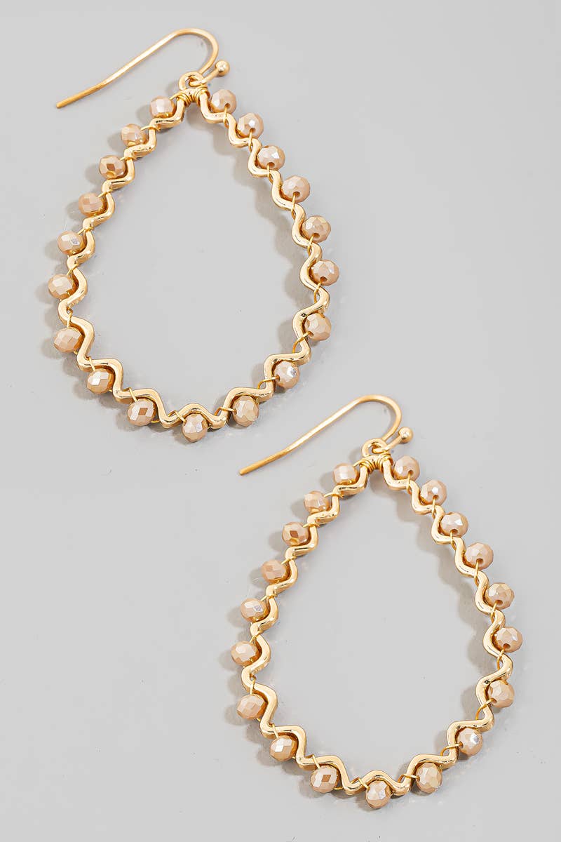 Beaded Wavy Metallic Tear Dangle Hook Earrings