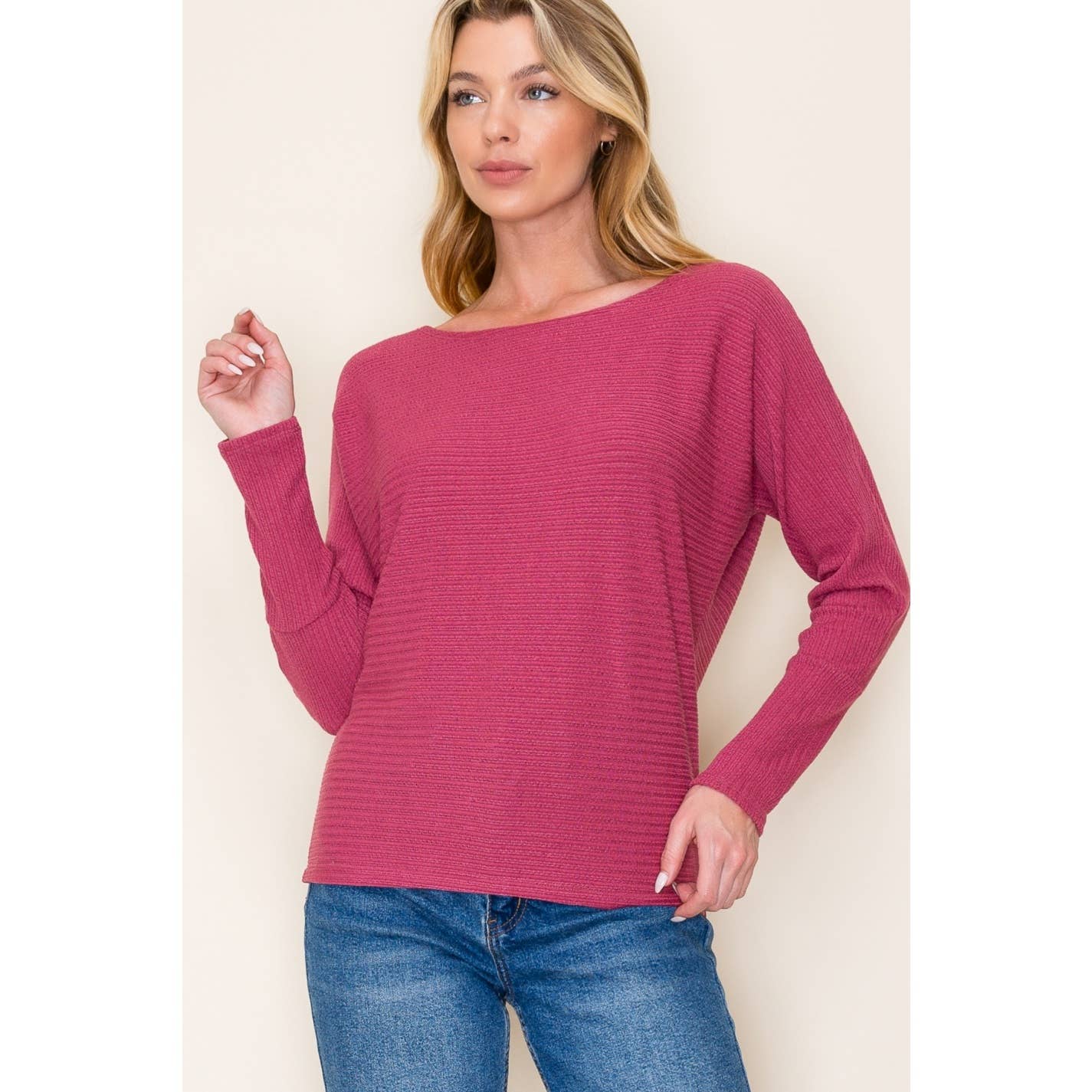 STACCATO BOAT NECK LONG DOLMAN SLEEVE TEXTURED KNIT TOP