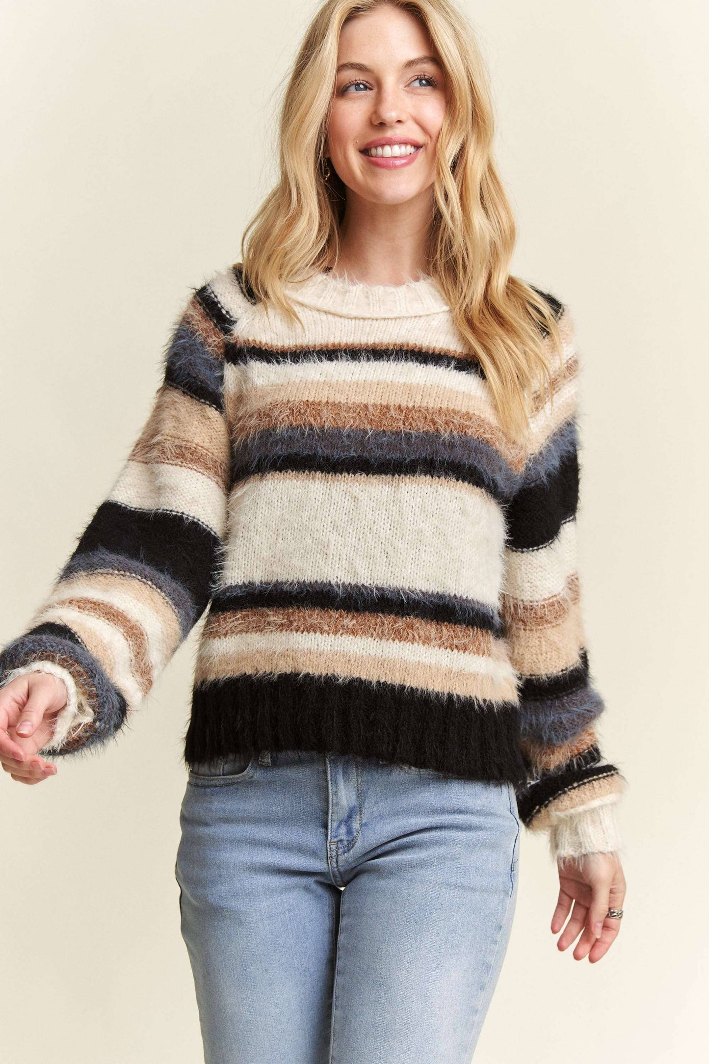 Adora - STRIPE PATTERN FUZZY SWEATER TOP