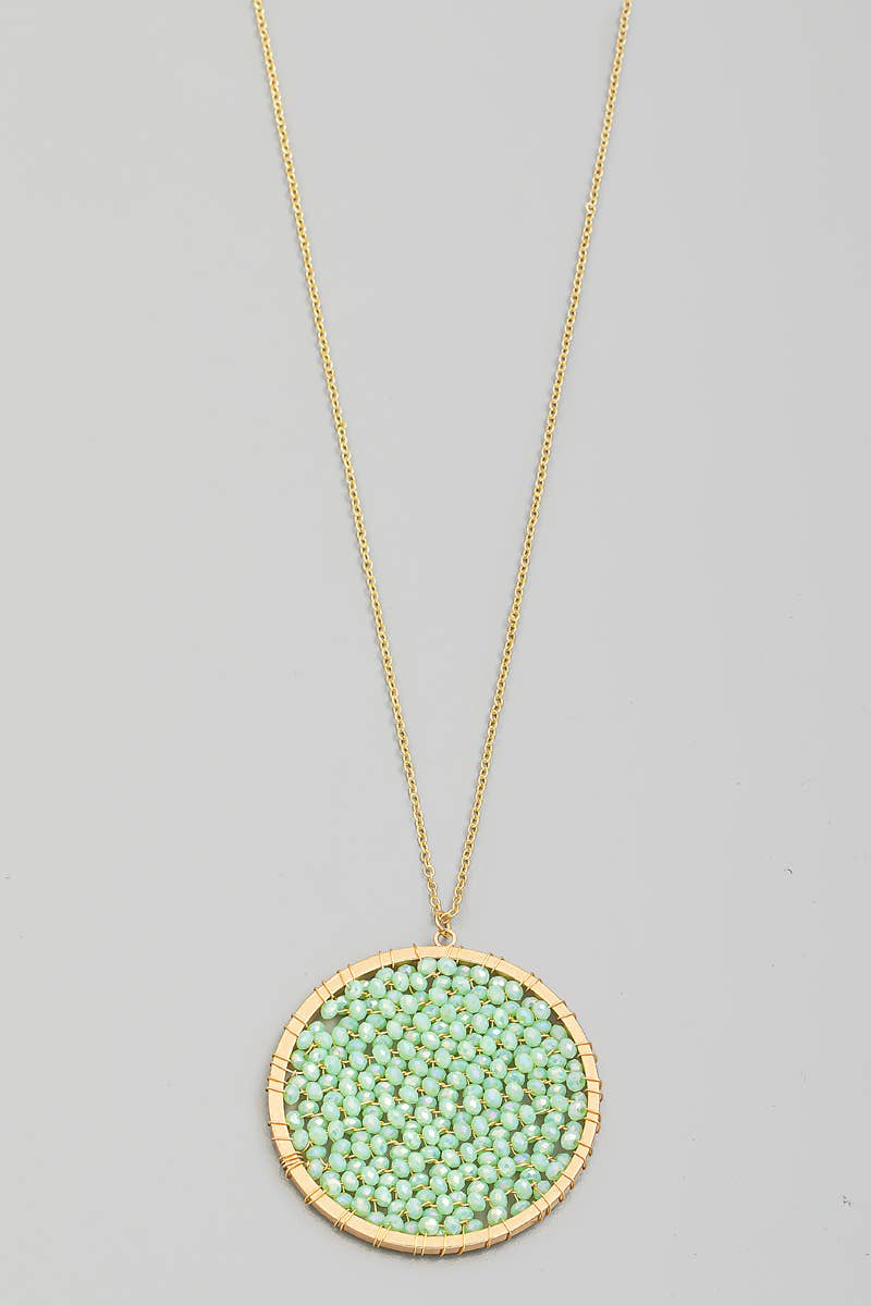 Glass Beaded Wire Disc Pendant Long Necklace