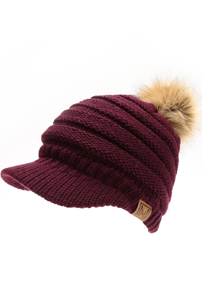 Women's Knit Visor Pom Beanie Hat with Lining