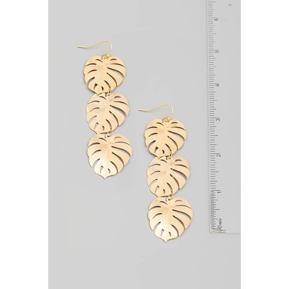 Triple Flat Metallic Monstera Chain Earrings