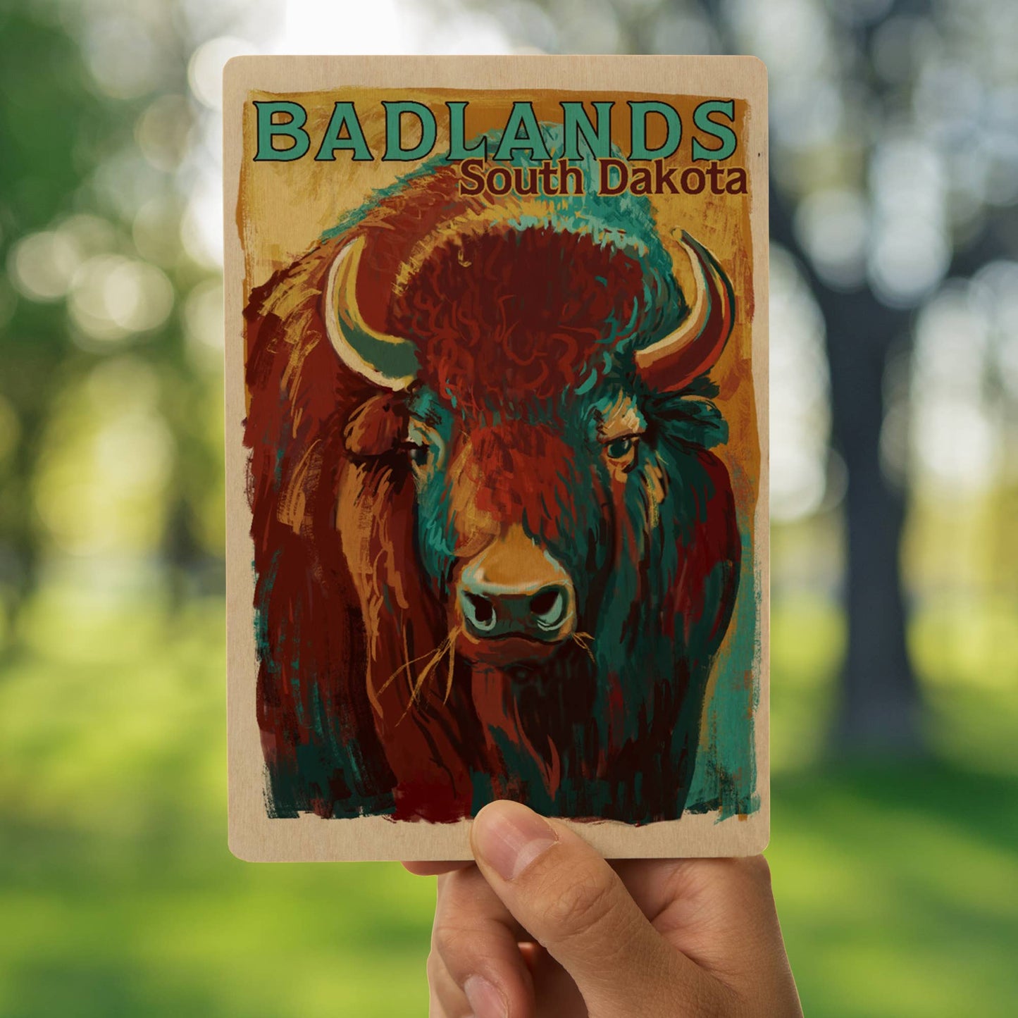 WOOD POSTCARD Badlands, South Dakota, Bison, Vivid
