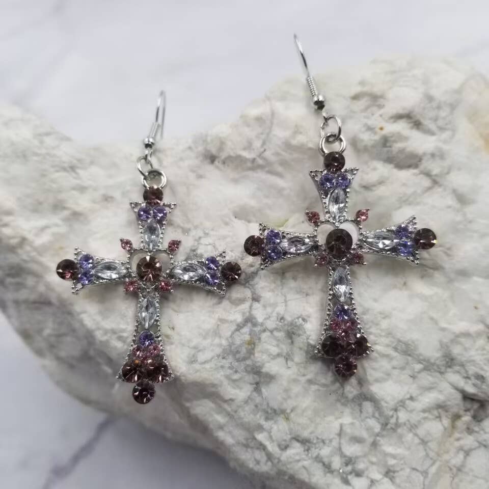 Multicolor Crystal Cross Earrings