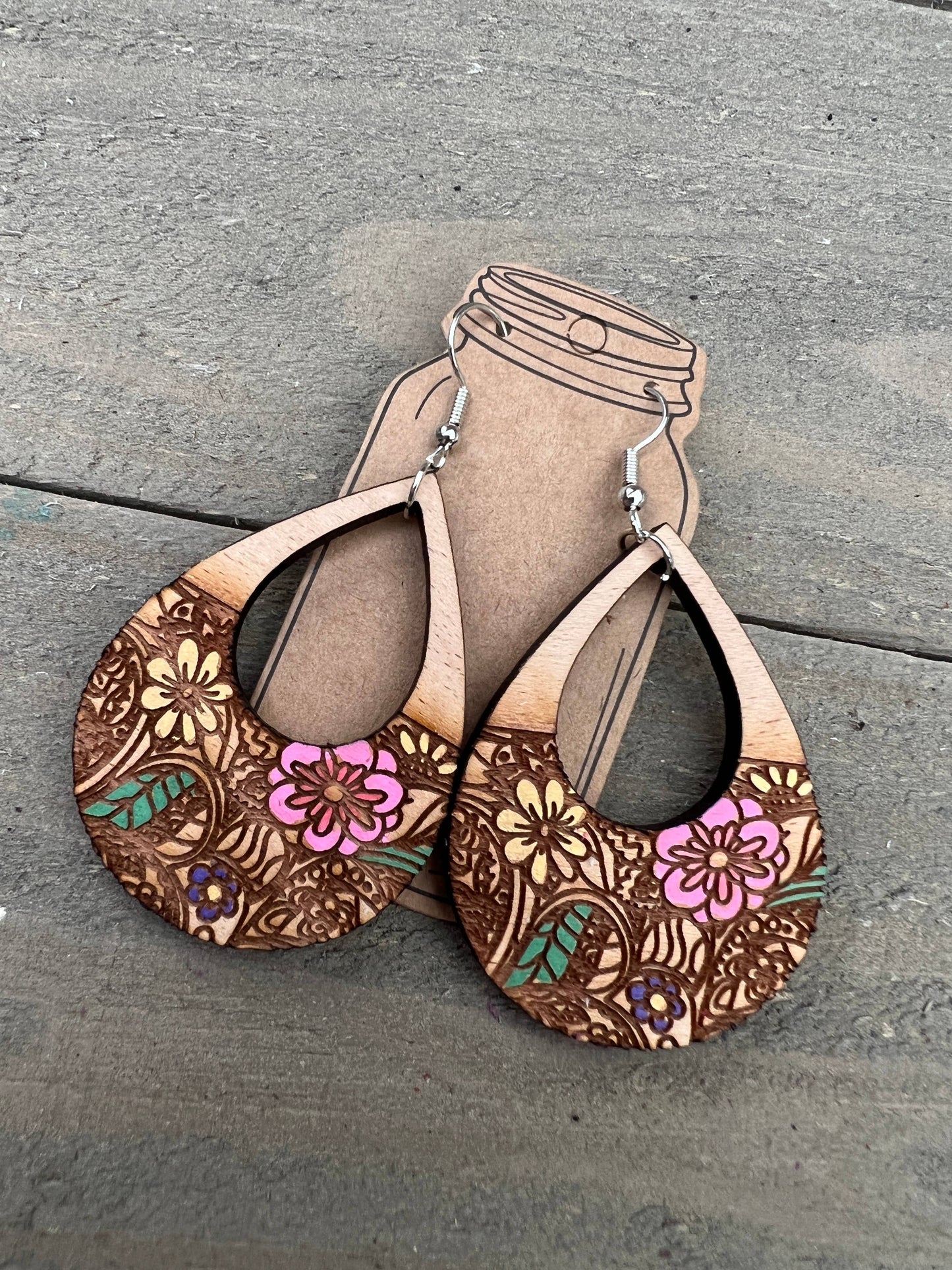 Floral Engraved Hand painted Wood Earrings