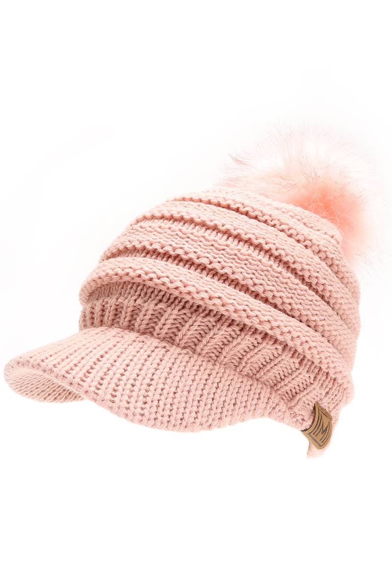 Women's Knit Visor Pom Beanie Hat with Lining