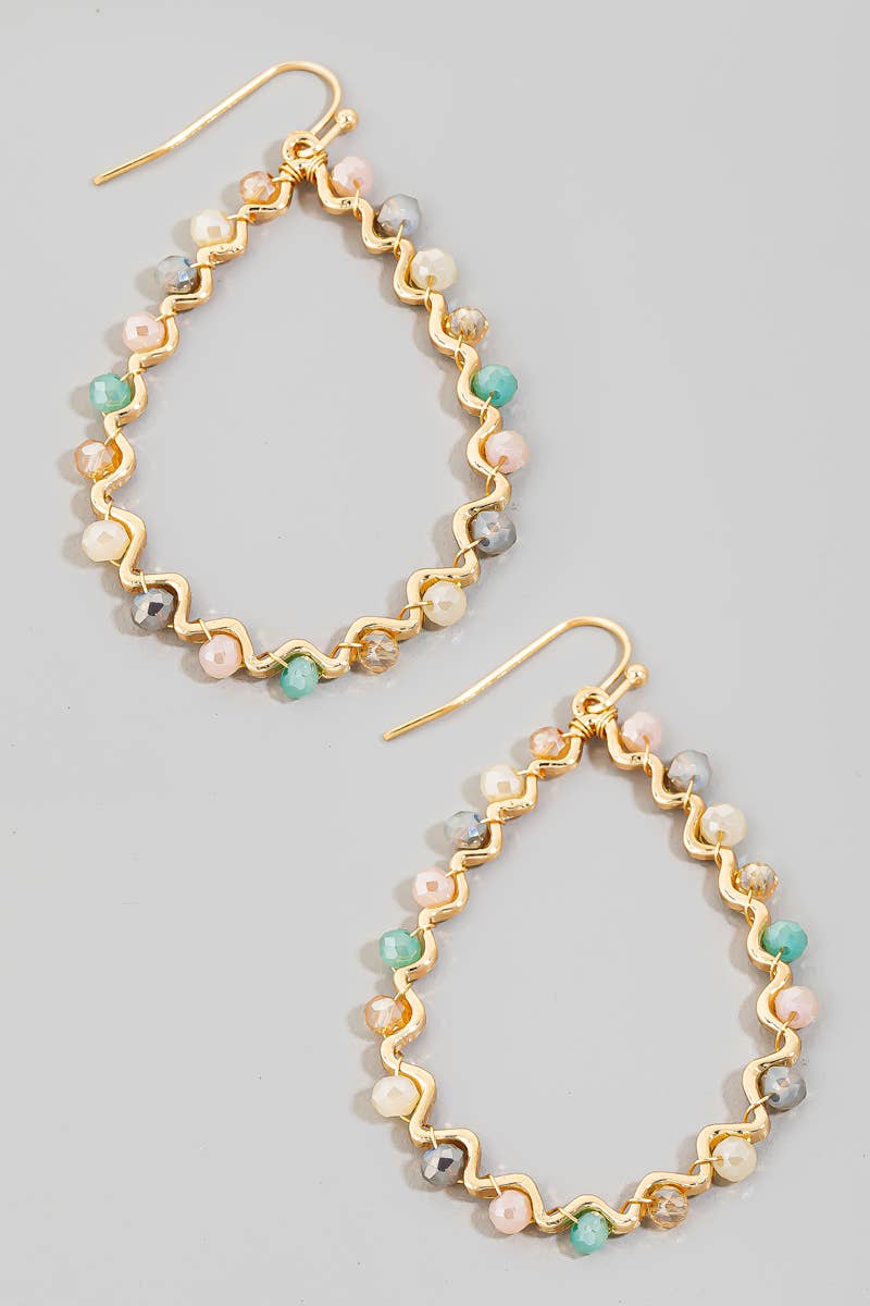 Beaded Wavy Metallic Tear Dangle Hook Earrings