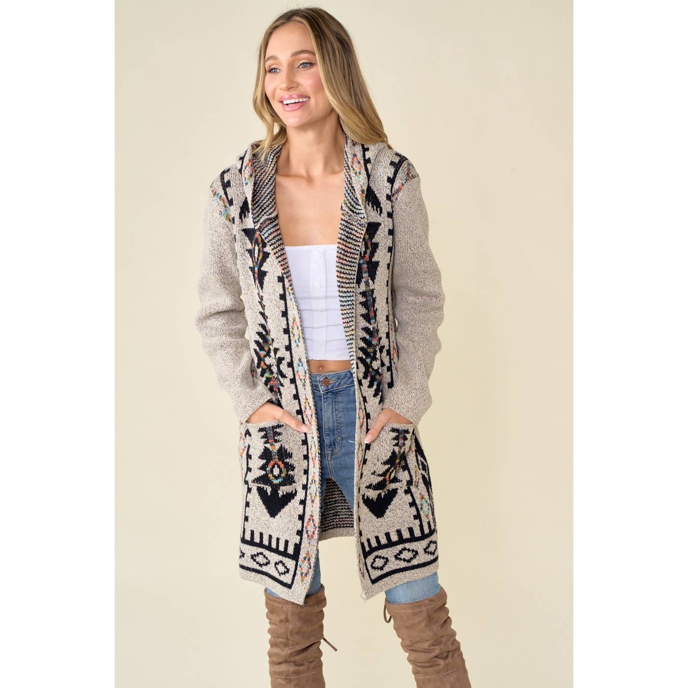 Aztec Rainbow Long Sleeve Hooded Sweater Cardigan