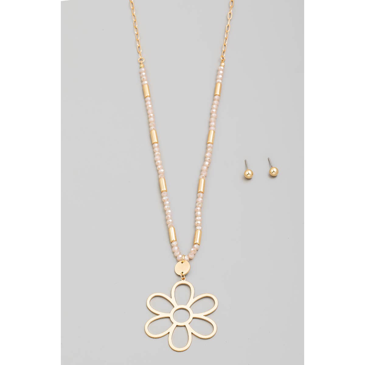 Metallic Flower Pendant Beaded Long Necklace Set