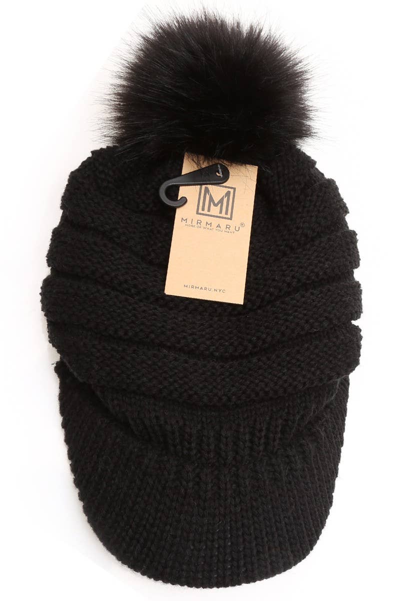 Women's Knit Visor Pom Beanie Hat with Lining