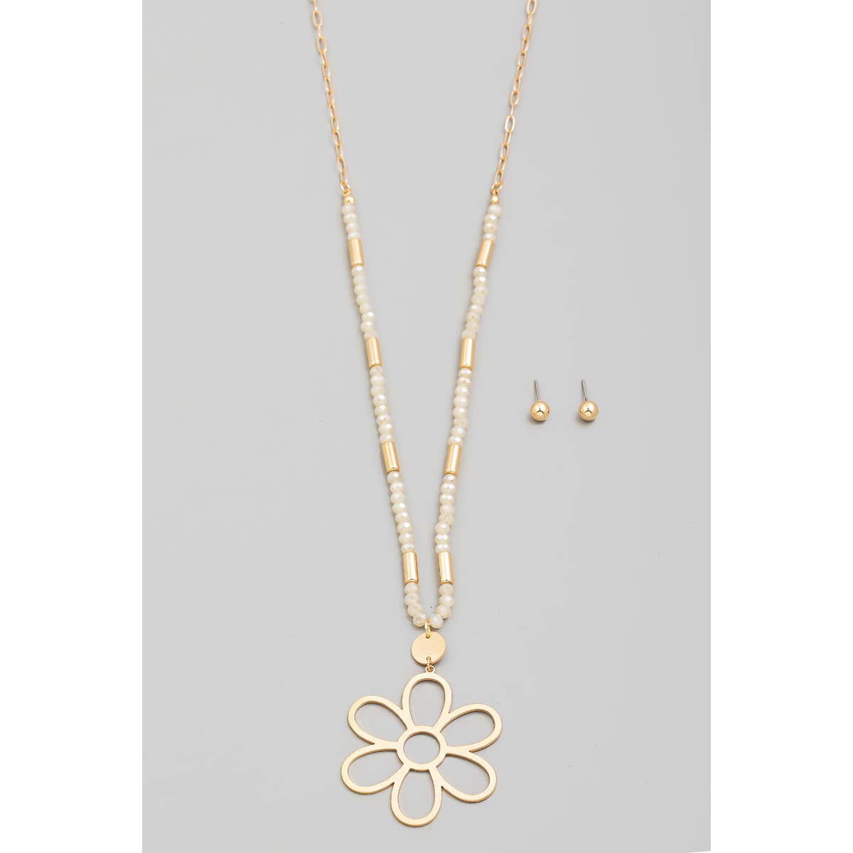 Metallic Flower Pendant Beaded Long Necklace Set