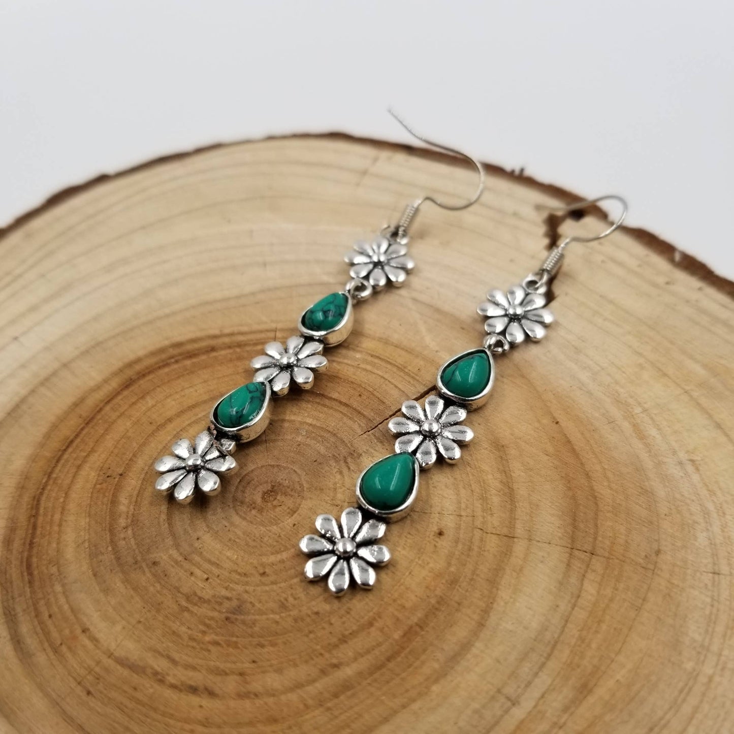 Turquoise With Vintage Silver Flower Earrings