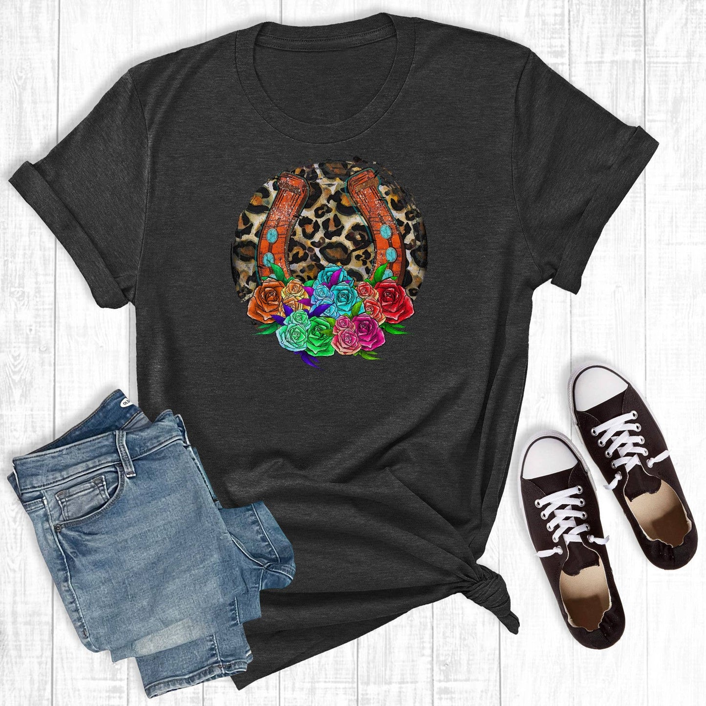 Leopard horseshoe Floral Black Graphic T-Shirt - Unisex