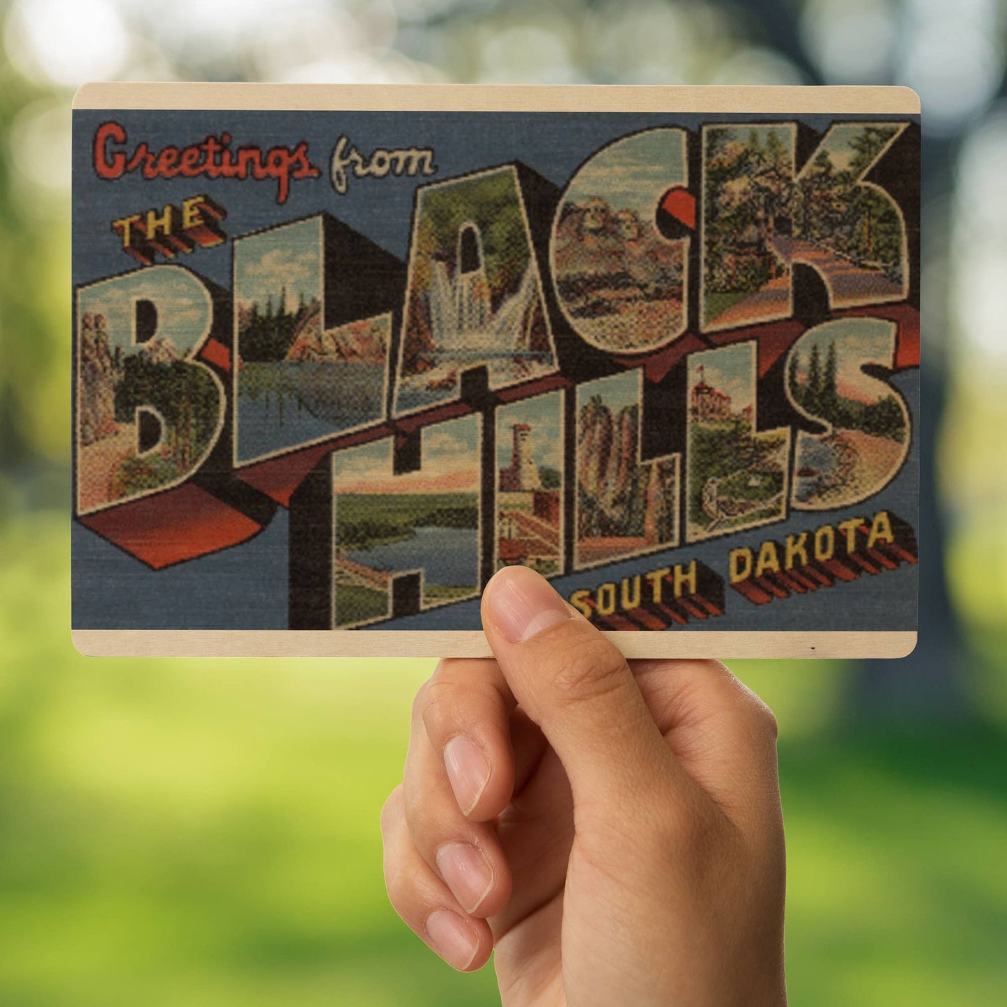 WOOD POSTCARD Greetings from Black Hills, South Dakota