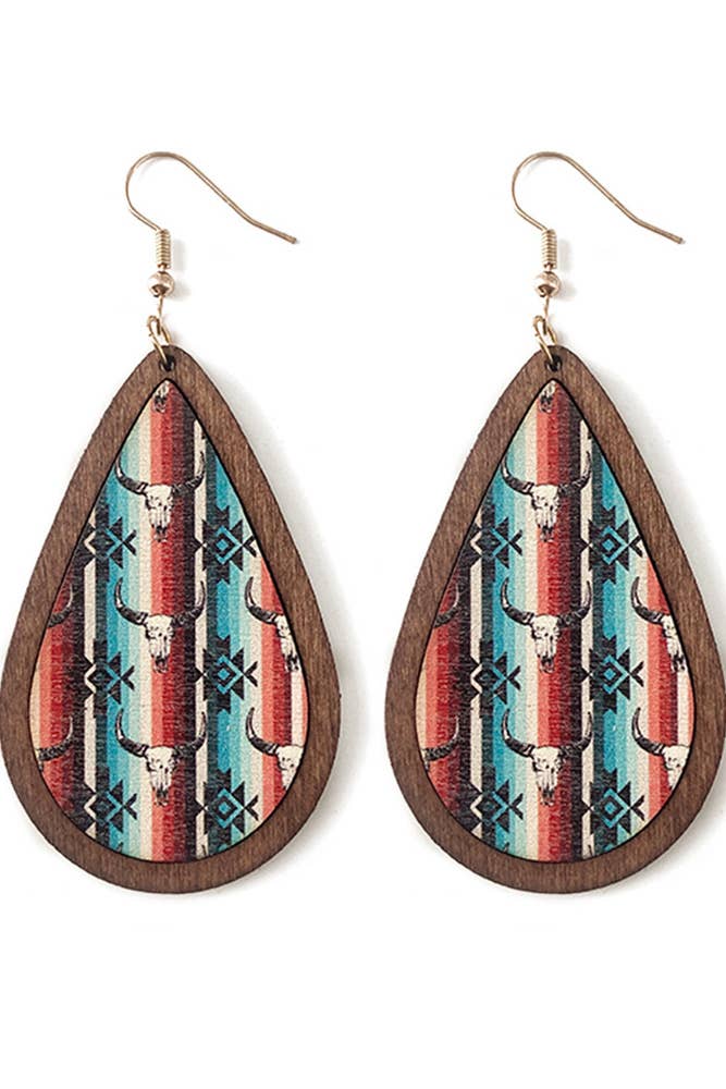 Western Style Aztec Cactus Bulls Wood Earrings
