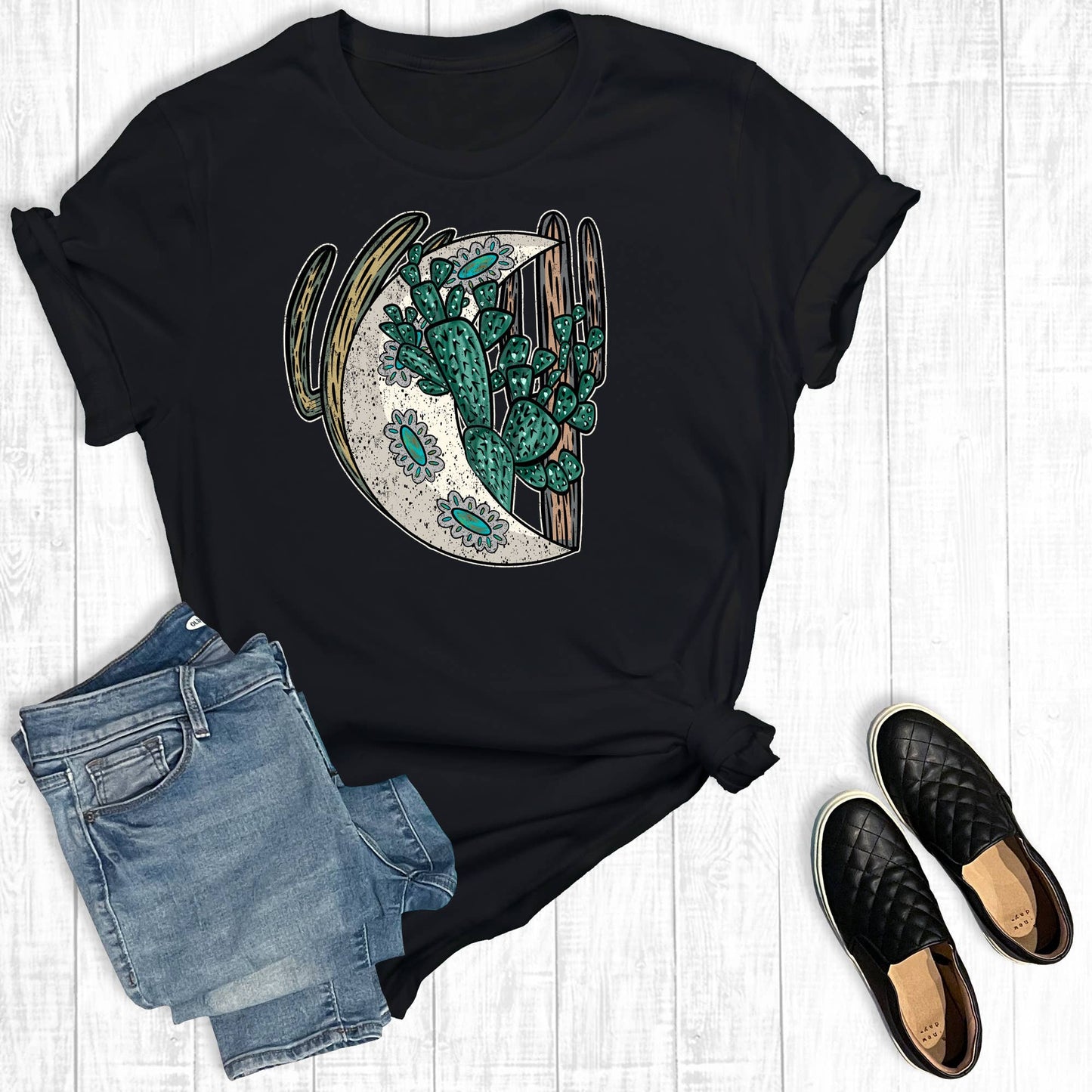 Western Turquoise Cactus Desert Moon Graphic Tee