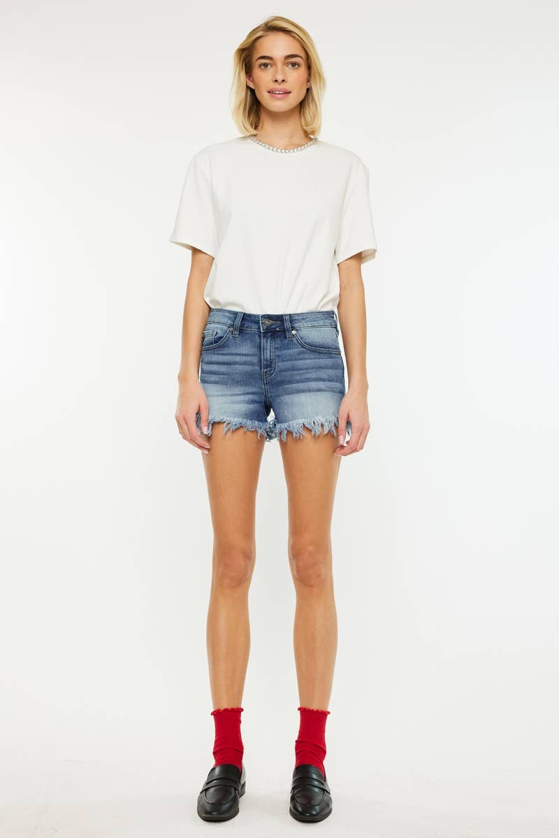 KAN CAN DENIUM SHORTS MID RISE FRAY HEM SHORTS