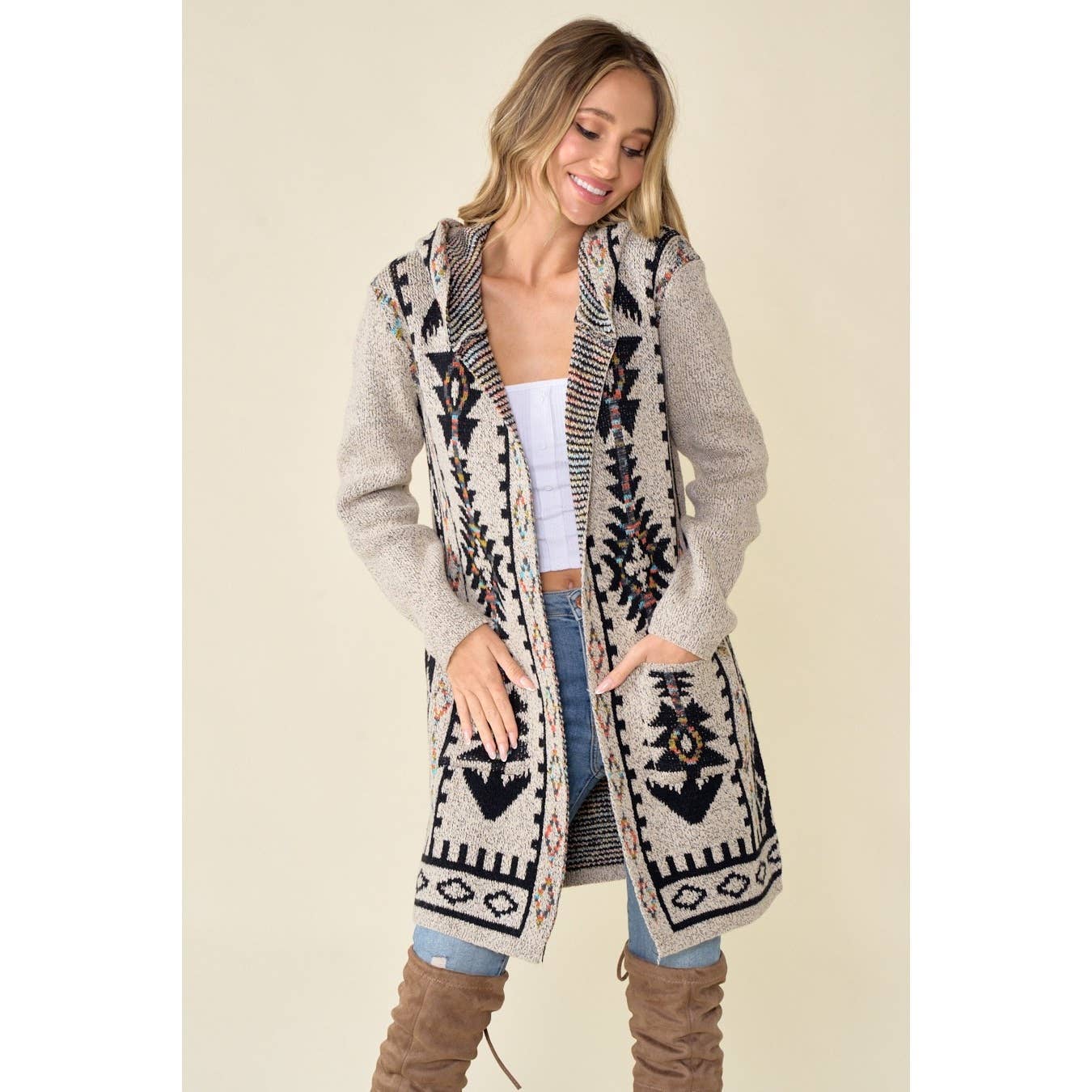 Aztec Rainbow Long Sleeve Hooded Sweater Cardigan