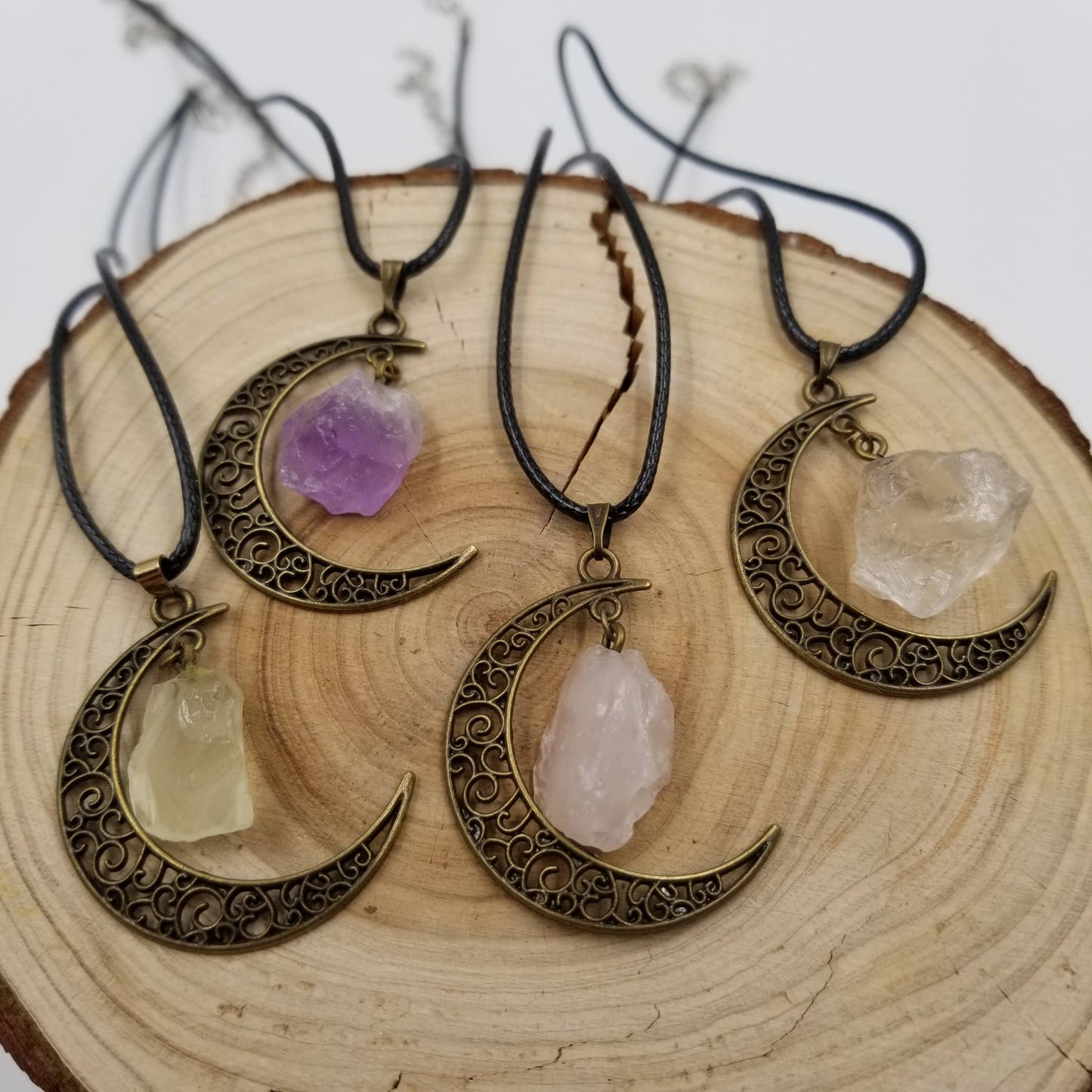 Bronze Natural Crystal Moon Pendant Necklace