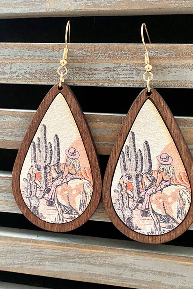 Western Style Aztec Cactus Bulls Wood Earrings
