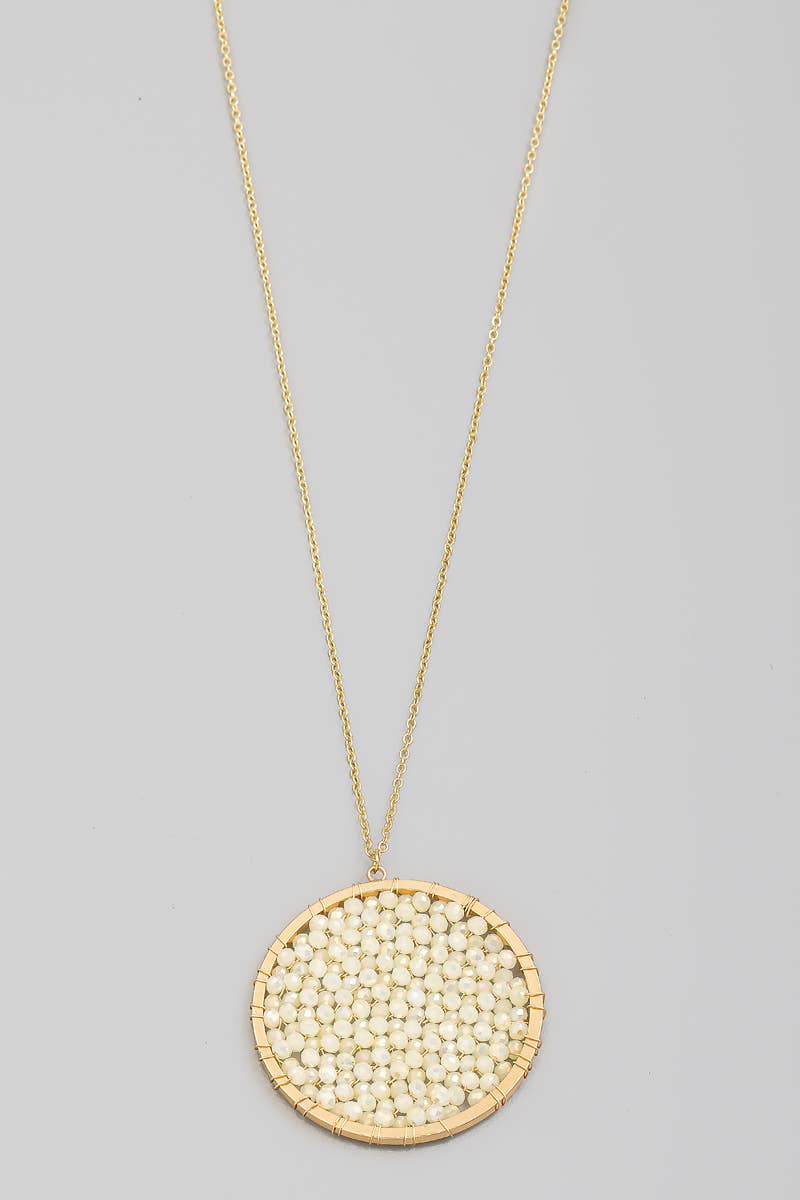 Glass Beaded Wire Disc Pendant Long Necklace