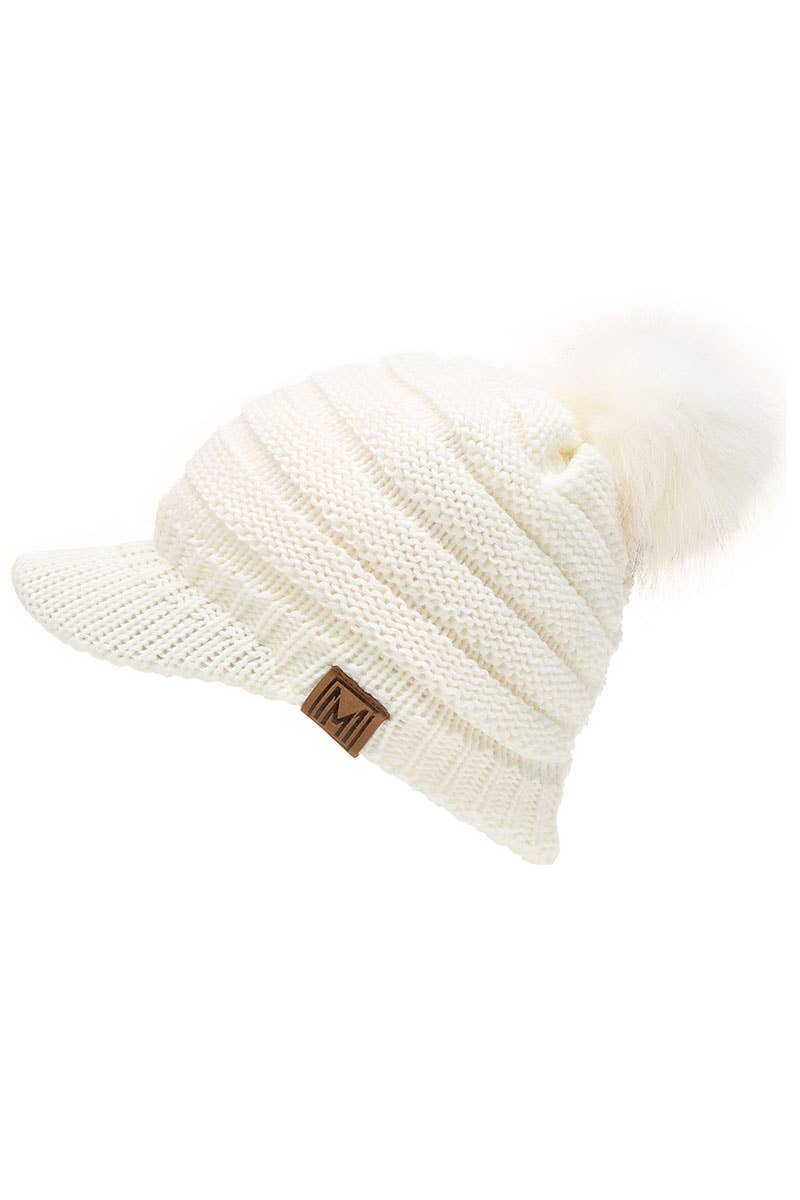 Women's Knit Visor Pom Beanie Hat with Lining