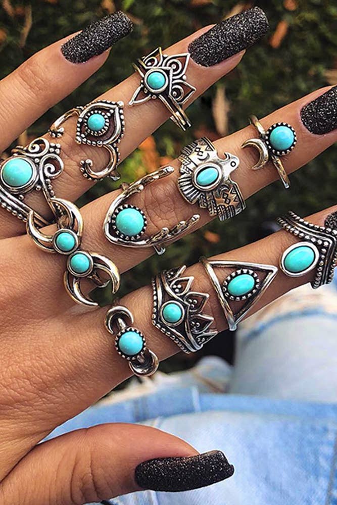 Turquoise Alloy Rings Set ZK234