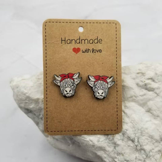 Highland Cow Stud Earrings - Wooden