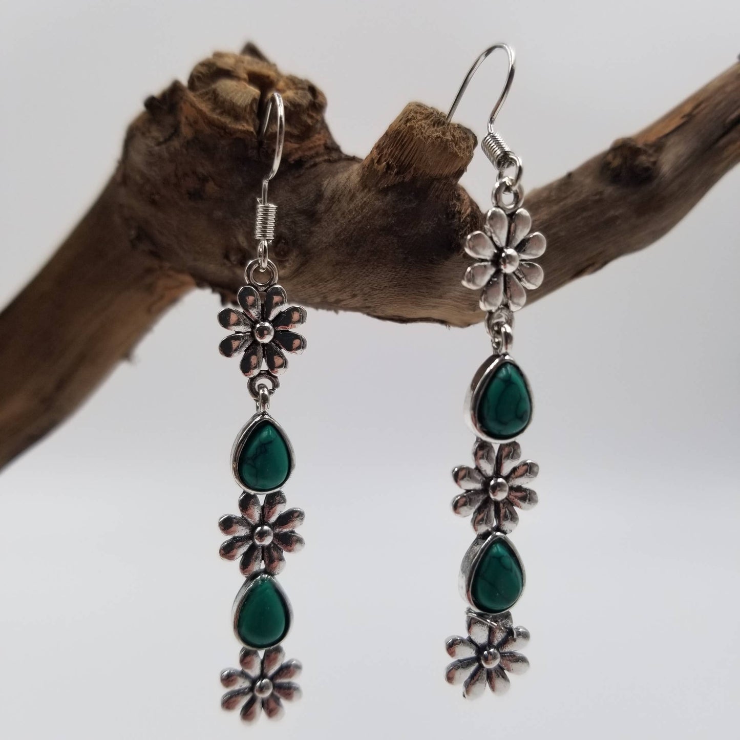 Turquoise With Vintage Silver Flower Earrings