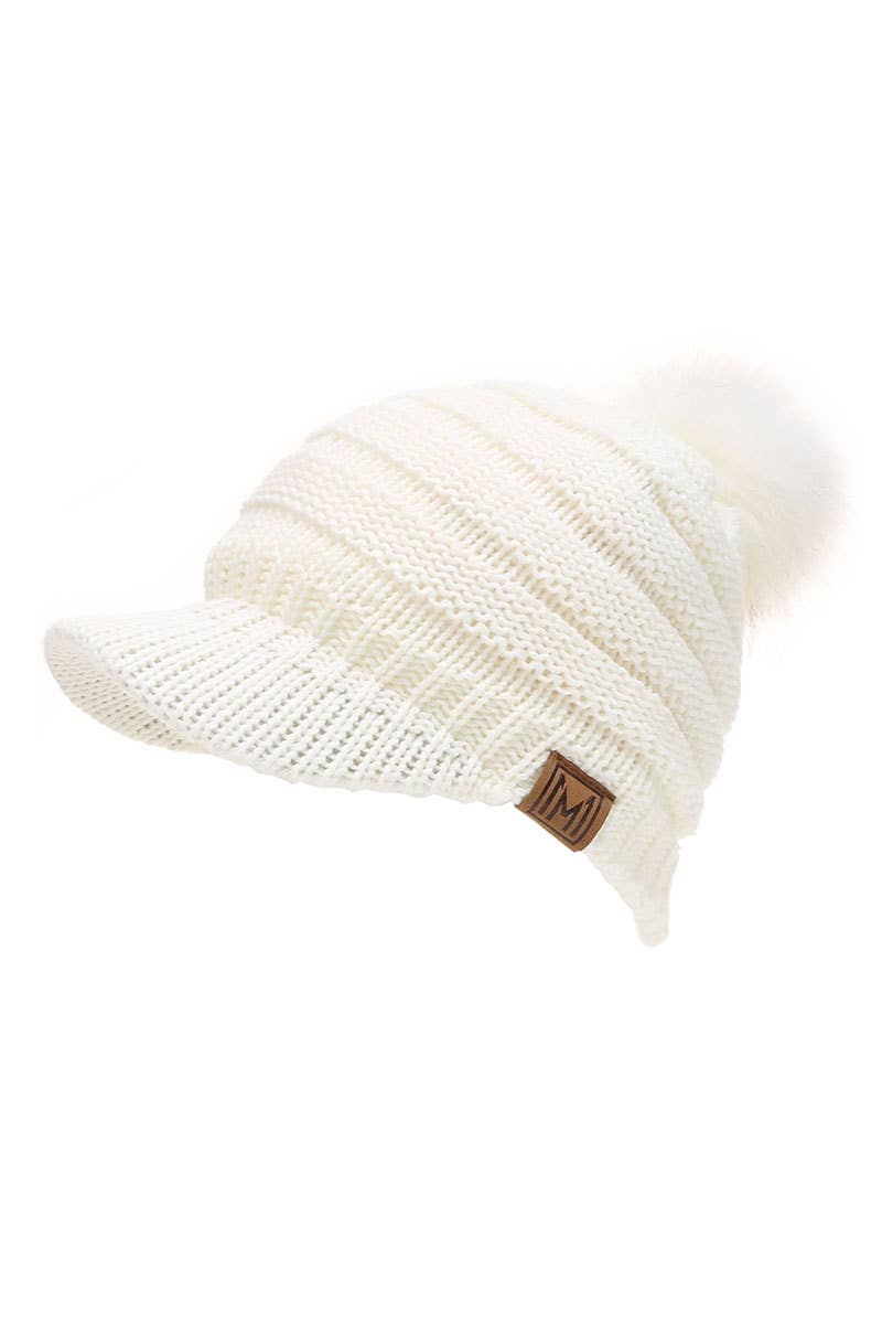 Women's Knit Visor Pom Beanie Hat with Lining