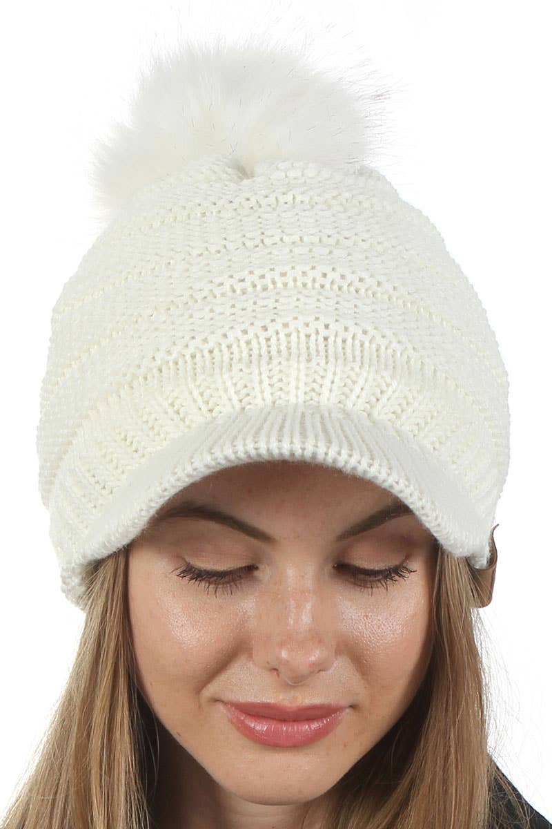 Women's Knit Visor Pom Beanie Hat with Lining