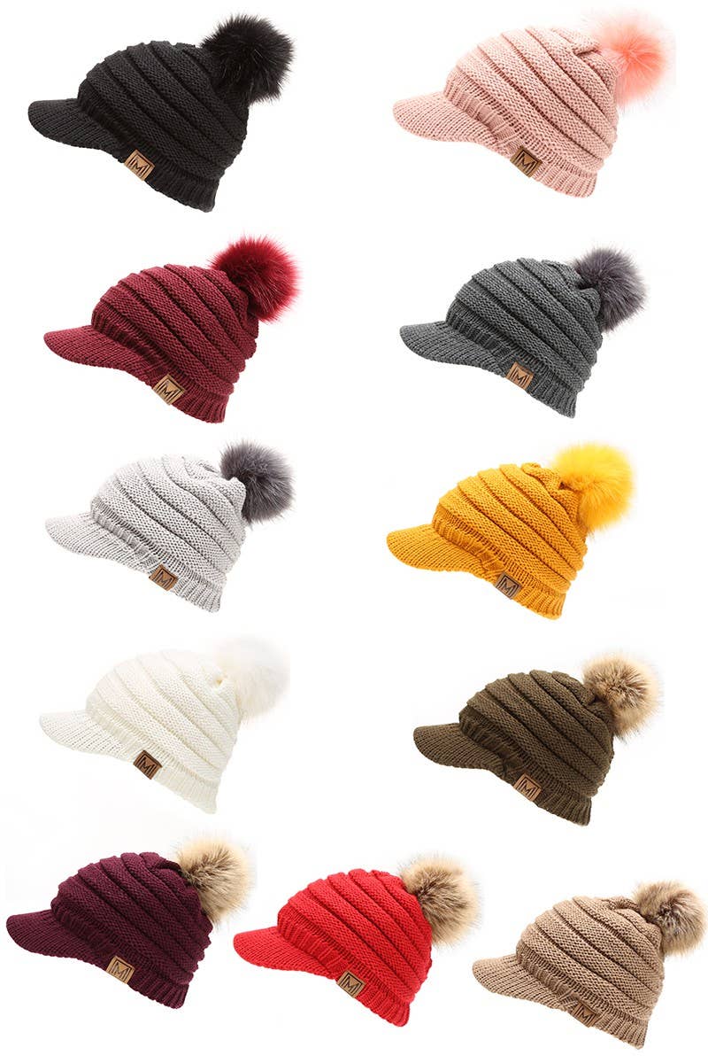 Women's Knit Visor Pom Beanie Hat with Lining