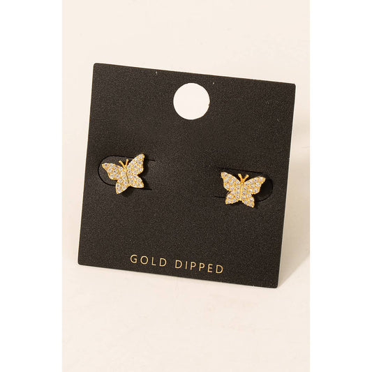 Gold Dipped Cz Pave Butterfly Stud Earrings