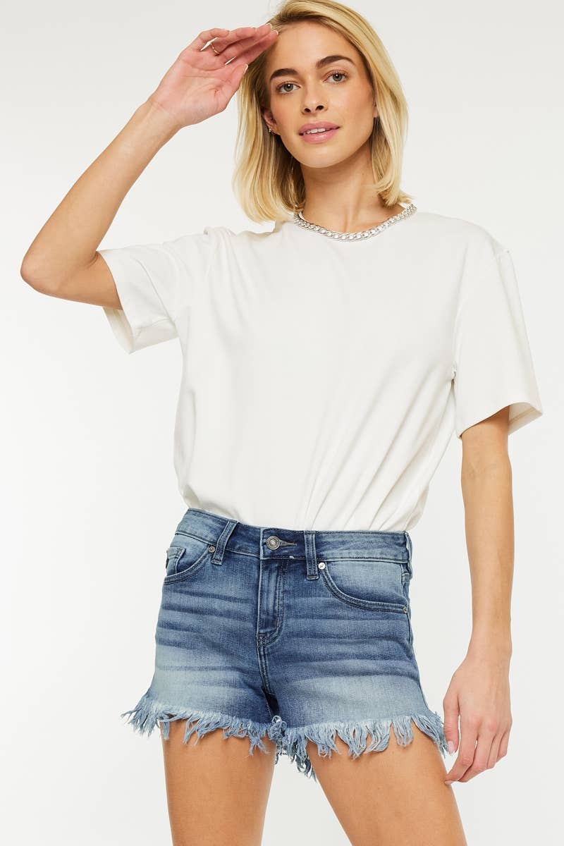 KAN CAN DENIUM SHORTS MID RISE FRAY HEM SHORTS