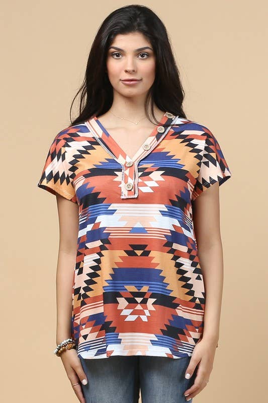Avery LEXY AZTEC PRINT BUTTON DETAIL V NECK THERMAL TOP