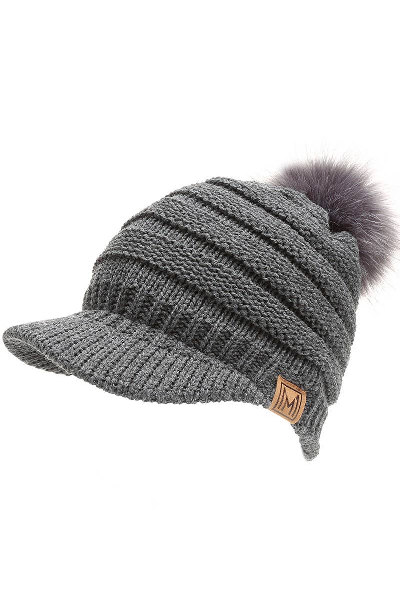 Women's Knit Visor Pom Beanie Hat with Lining