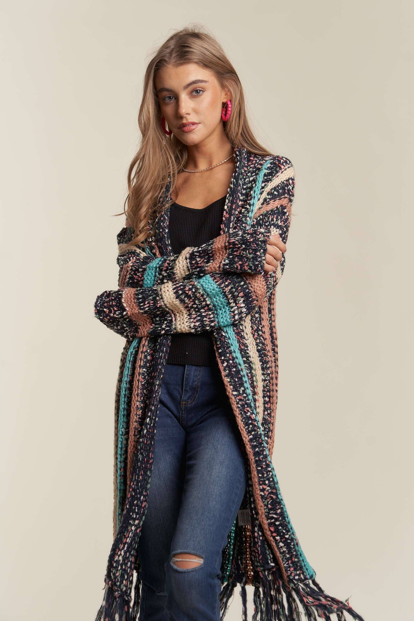 Adora FRINGE HEM MULTI STRIPE CARDIGAN