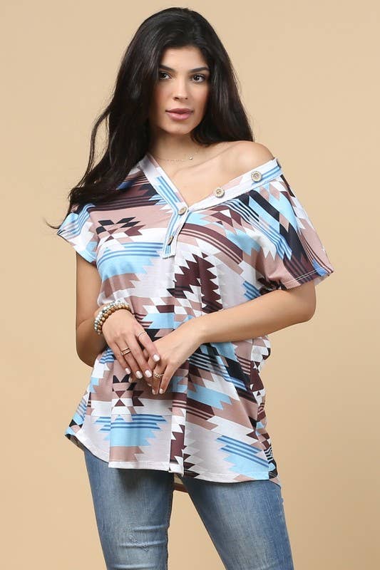 Avery LEXY AZTEC PRINT BUTTON DETAIL V NECK THERMAL TOP