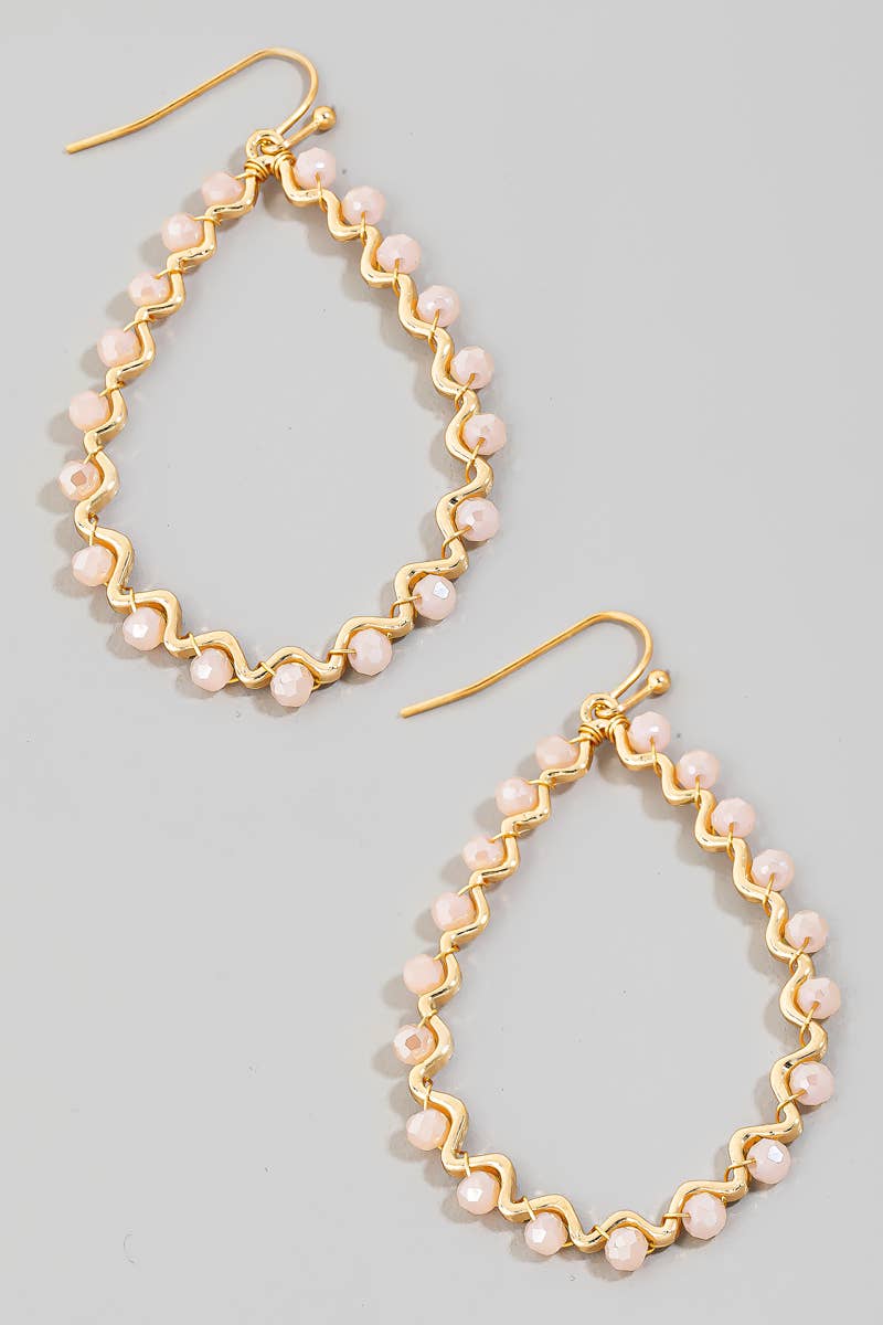 Beaded Wavy Metallic Tear Dangle Hook Earrings