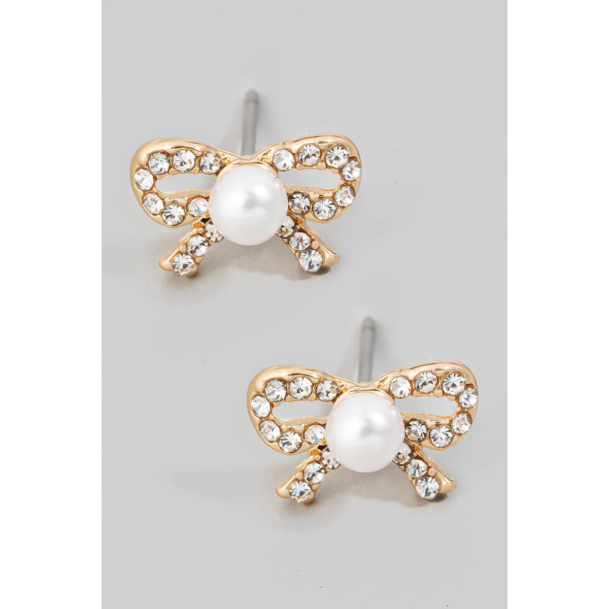 Pearl And Rhinestone Studded Ribbon Bow Stud Earrings