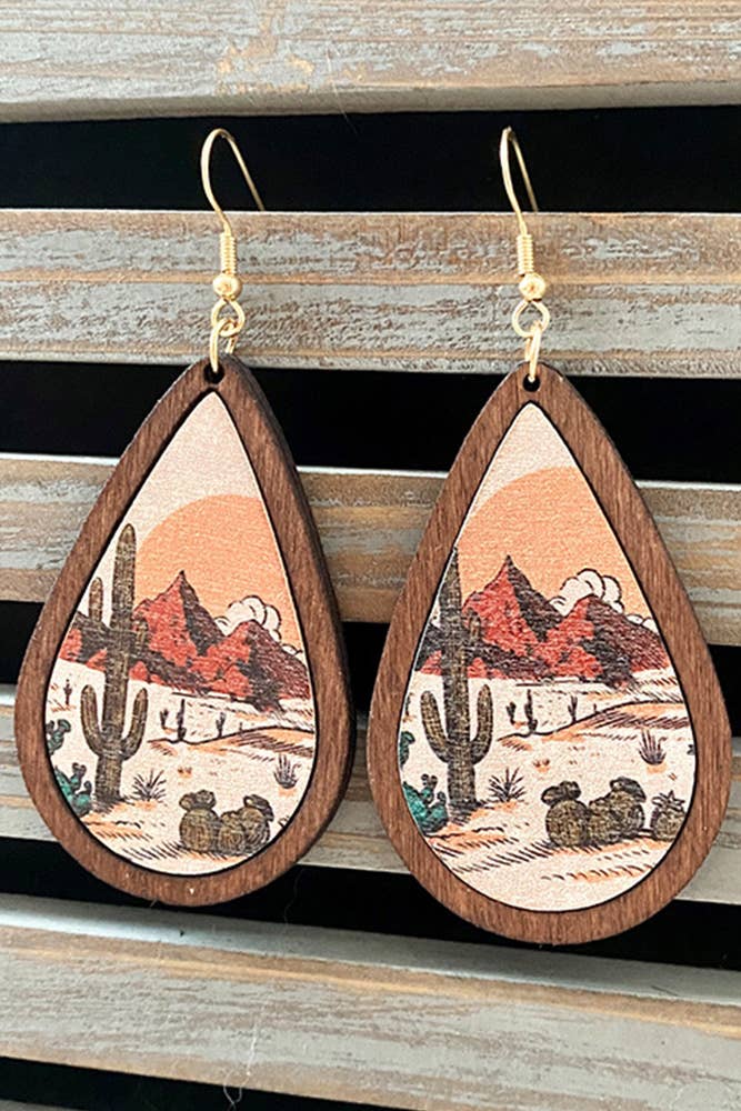 Western Style Aztec Cactus Bulls Wood Earrings