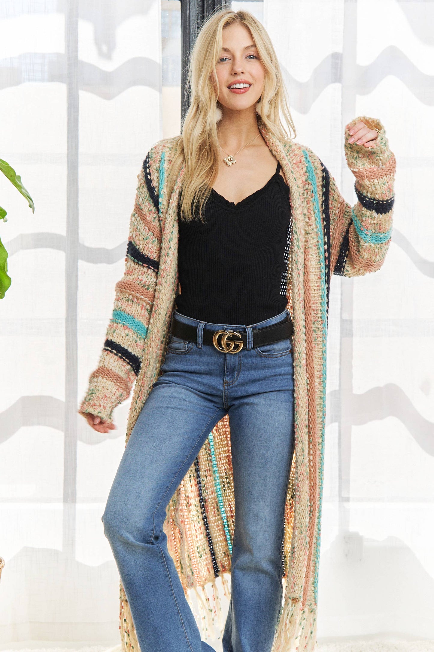 Adora FRINGE HEM MULTI STRIPE CARDIGAN