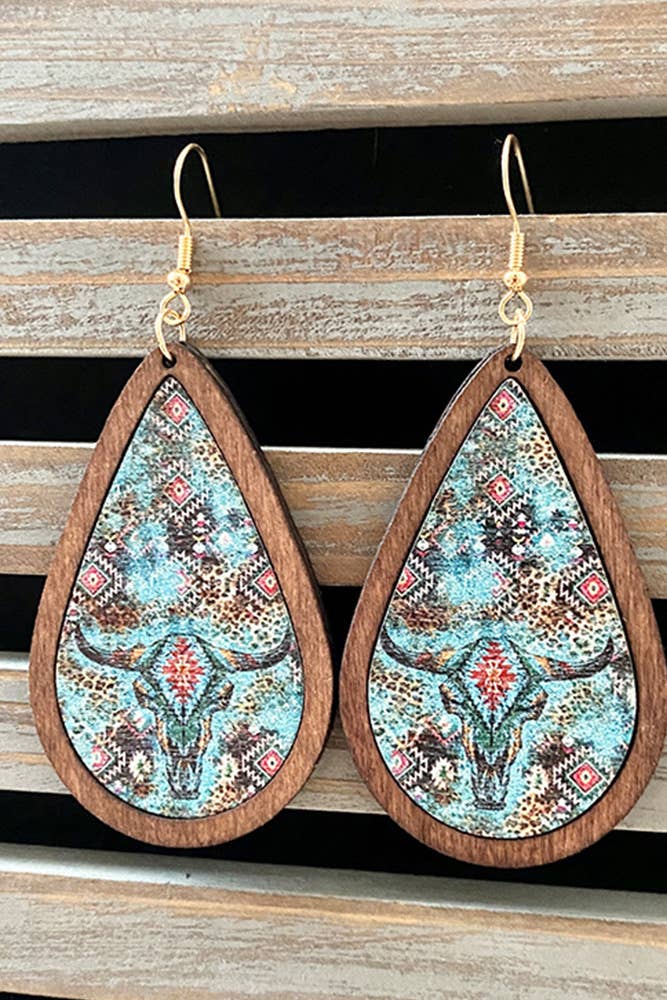 Western Style Aztec Cactus Bulls Wood Earrings