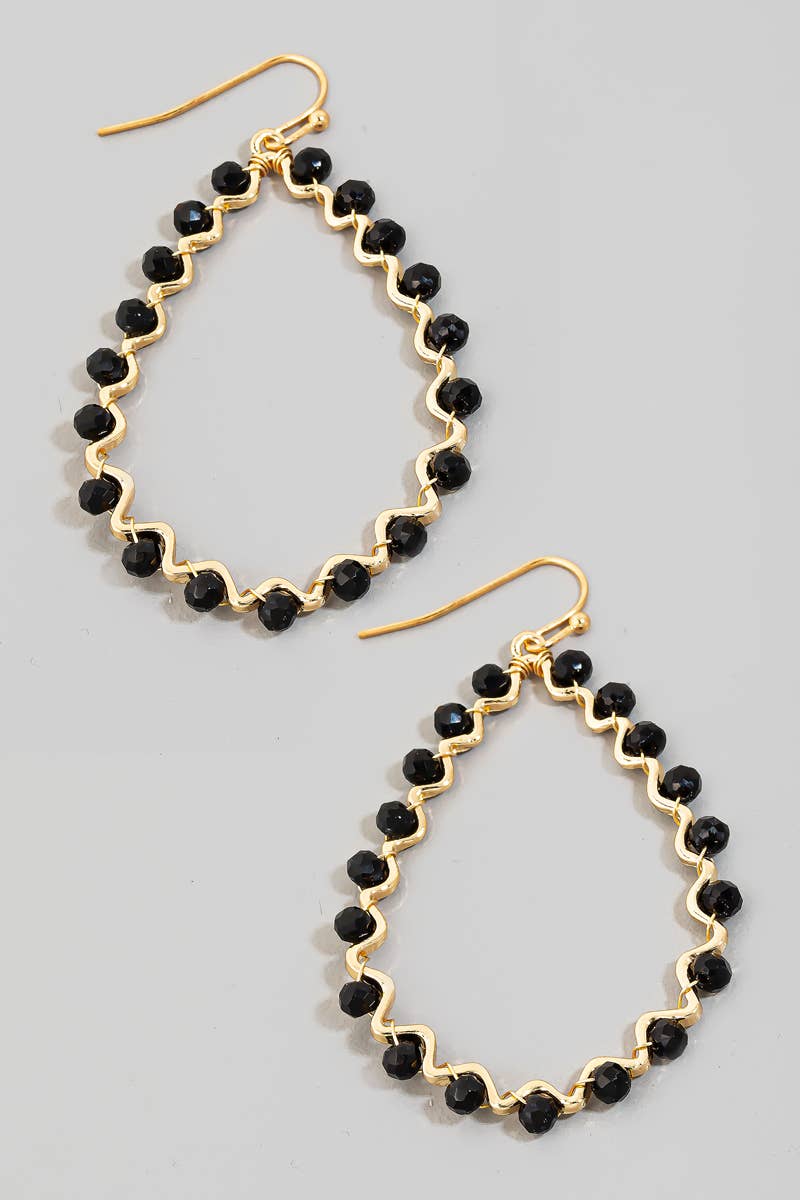Beaded Wavy Metallic Tear Dangle Hook Earrings