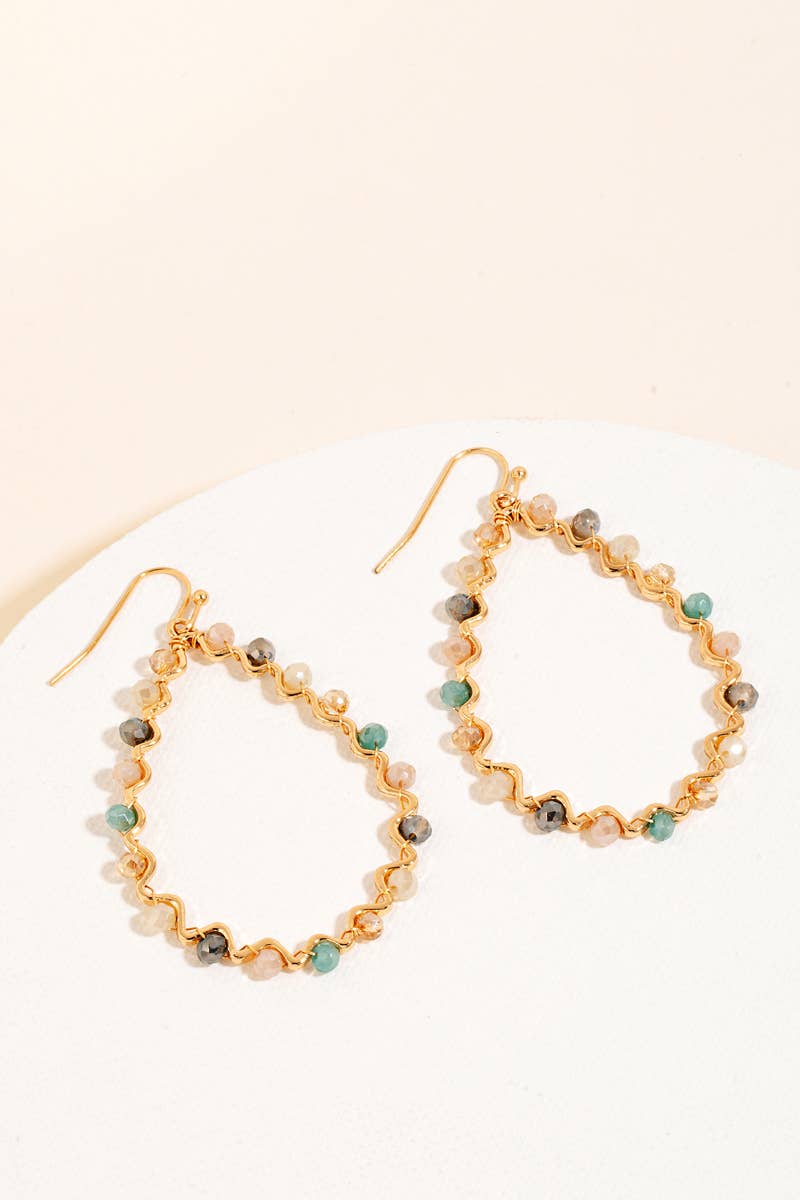 Beaded Wavy Metallic Tear Dangle Hook Earrings