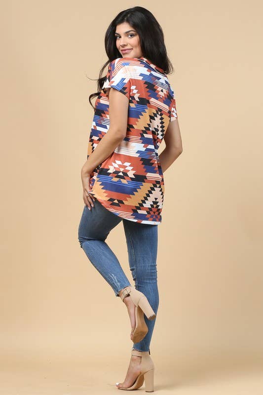 Avery LEXY AZTEC PRINT BUTTON DETAIL V NECK THERMAL TOP