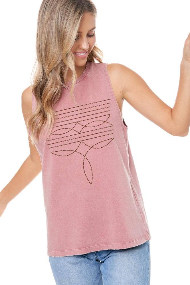 Cowboy Boots Toe Stitched Graphic S/L Washed Tank