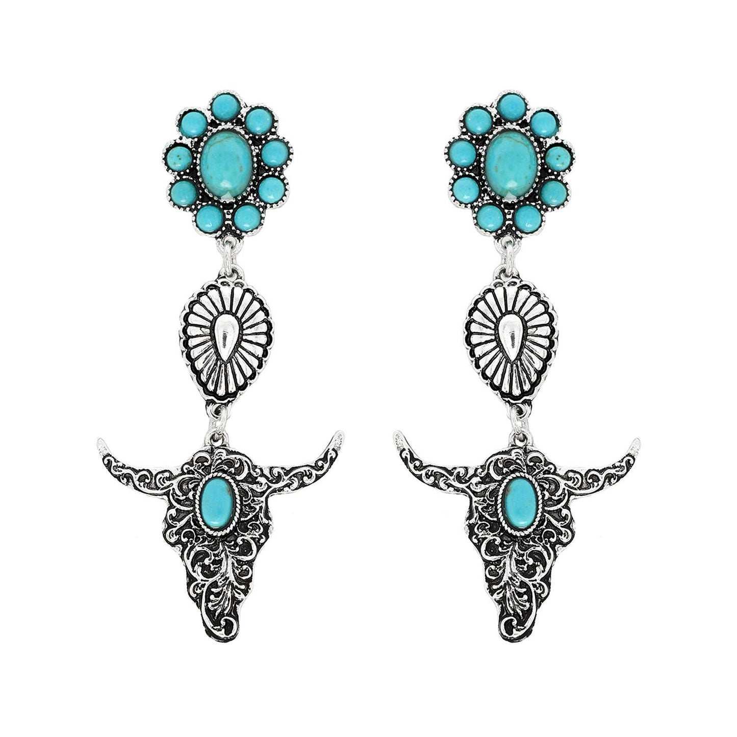 sophia collection Western Turquoise Steer Head Filigree Earrings