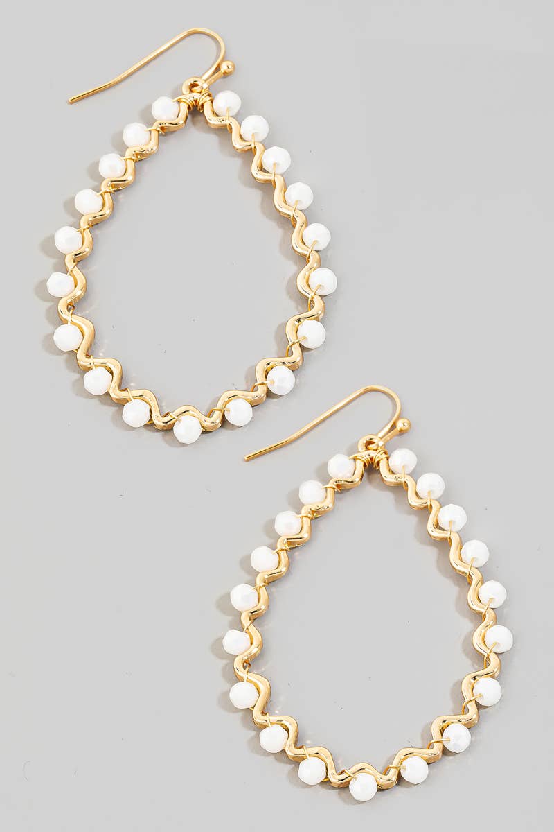 Beaded Wavy Metallic Tear Dangle Hook Earrings